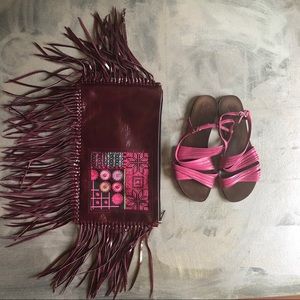 Fringe burgundy patent leather patchwork clutch